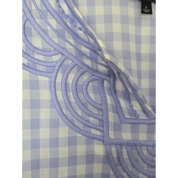 Talbots EMBROIDERED GINGHAM POPOVER Blue & White 3/4 Sleeve V-Neck Size Large - Picture 5 of 8